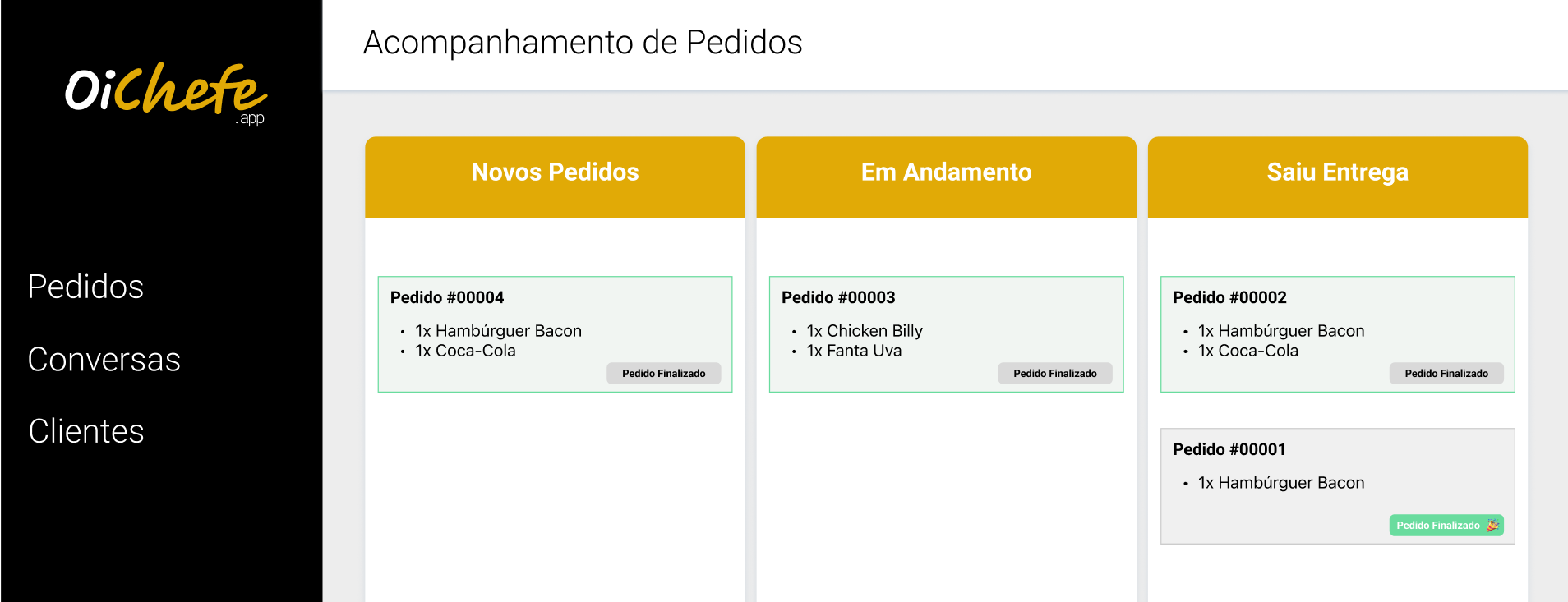 Interface web em formato kanban recebendo o pedido