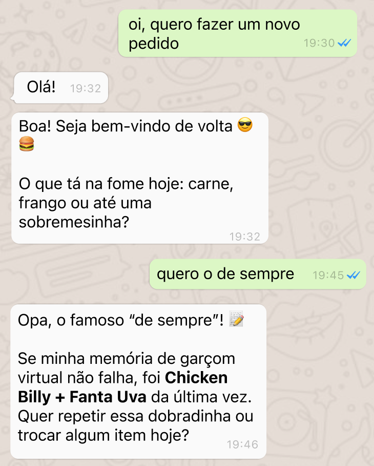 Conversa no WhatsApp oferecendo o pedido de sempre ao cliente